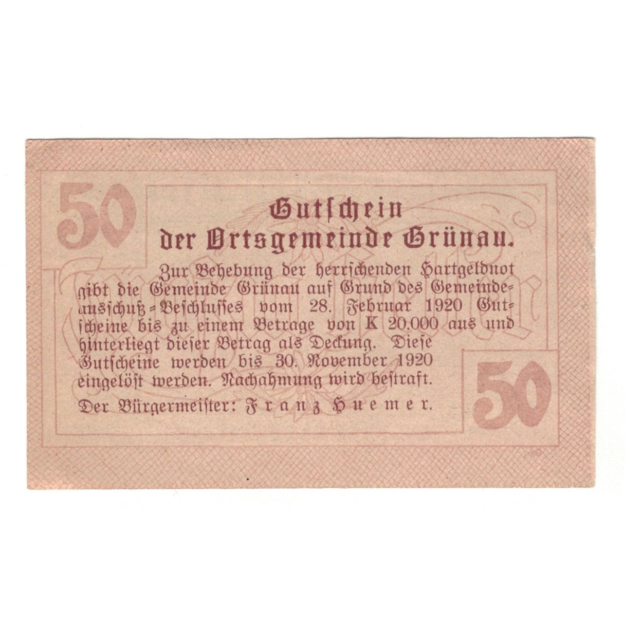 Banknote, Austria, Grünau O.Ö. Gemeinde, 50 Heller, texte 1, 1920, 1920-11-30