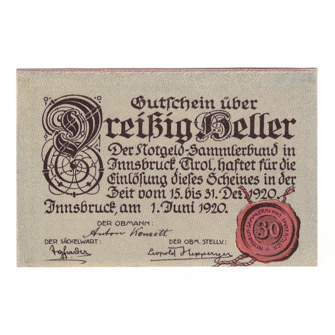 Nota, Áustria, Innsbruck Tirol Prv. Notgeld Sammlerbund Innsbruck, 30 Heller