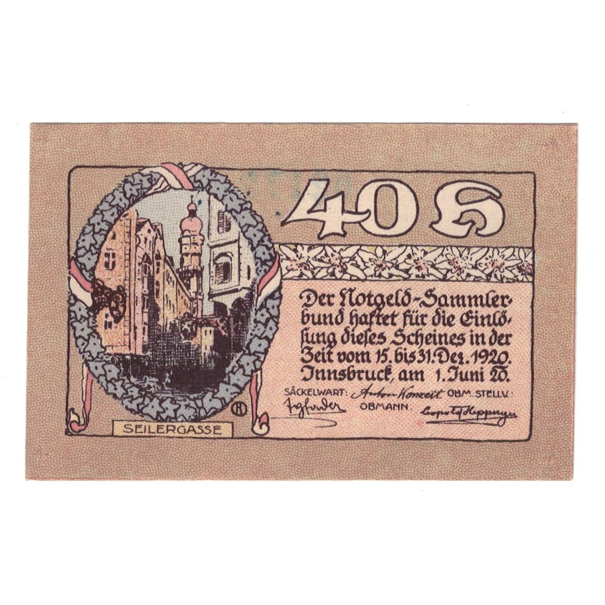 Nota, Áustria, Innsbruck Tirol Prv. Notgeld Sammlerbund Innsbruck, 40 Heller