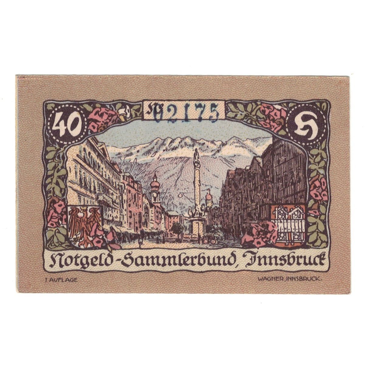 Nota, Áustria, Innsbruck Tirol Prv. Notgeld Sammlerbund Innsbruck, 40 Heller