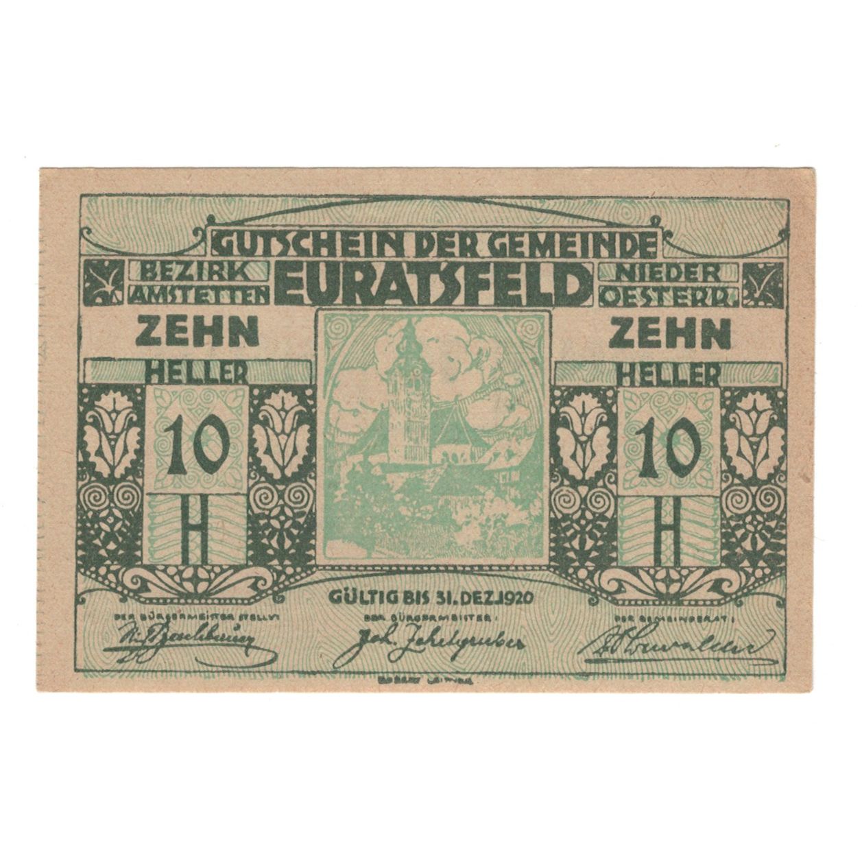 Nota, Áustria, Euratsfeld N.Ö. Gemeinde, 10 Heller, Texte, 1920, 1920-12-31