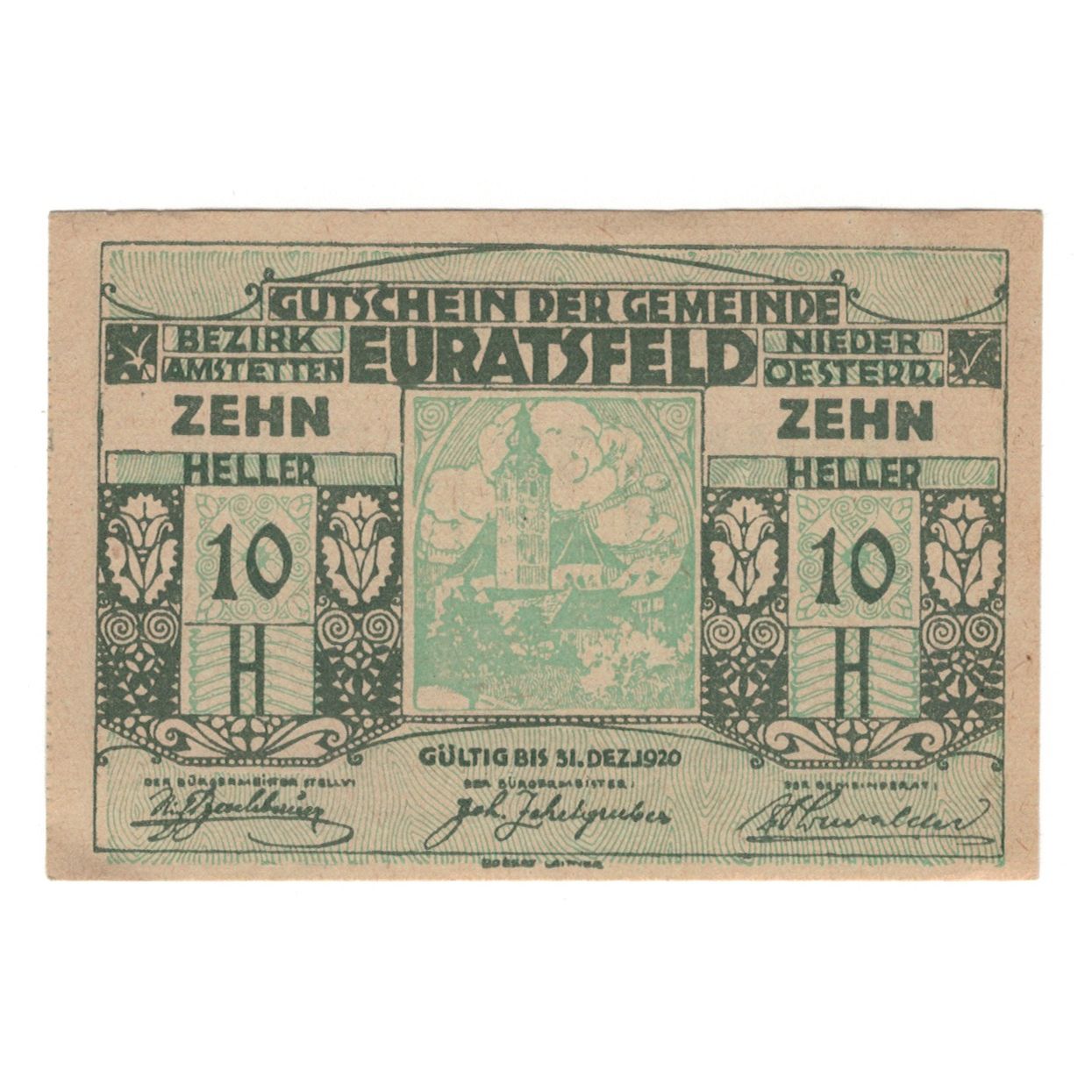 Banknote, Austria, Euratsfeld N.Ö. Gemeinde, 10 Heller, texte 1, 1920