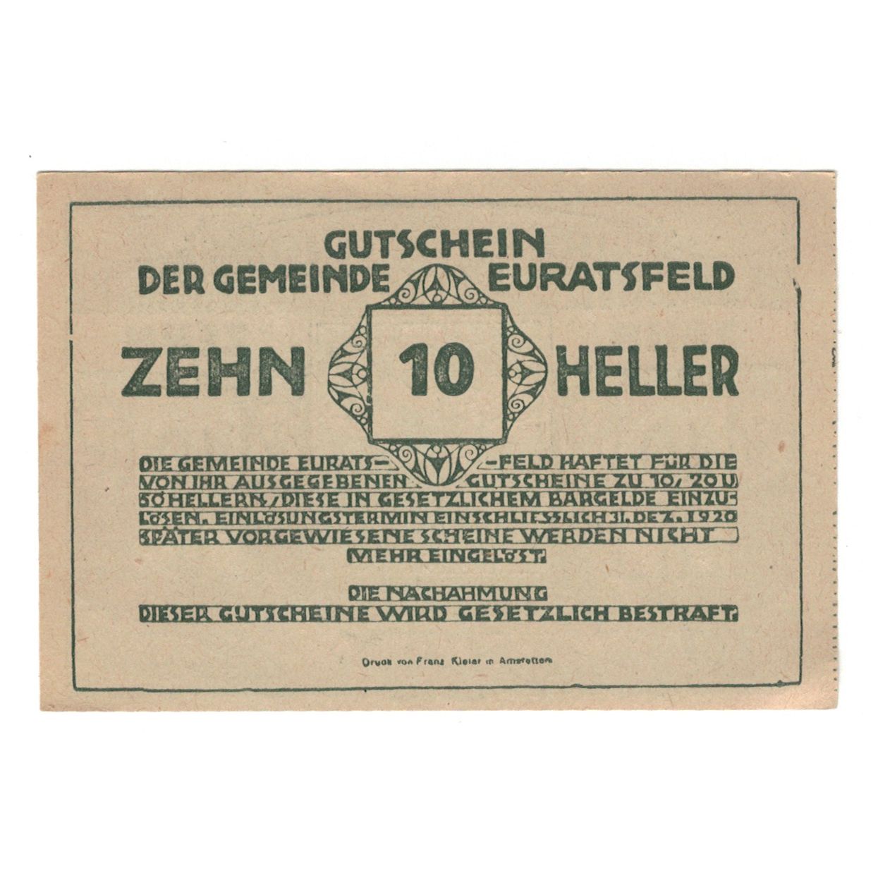 Banknote, Austria, Euratsfeld N.Ö. Gemeinde, 10 Heller, texte 1, 1920