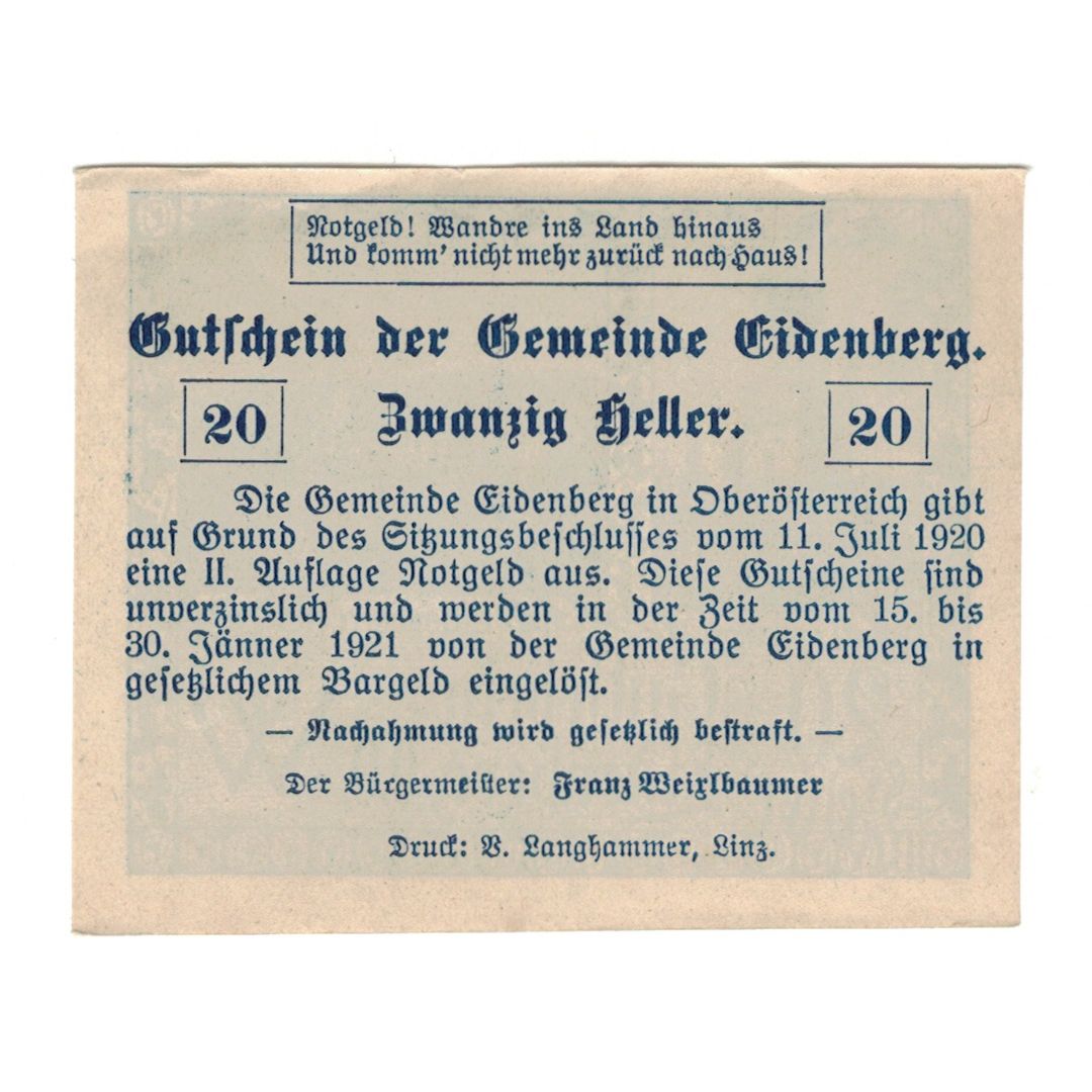 Banknote, Austria, Eidenberg O.Ö. Gemeinde, 20 Heller, Texte, 1921, 1921-01-31