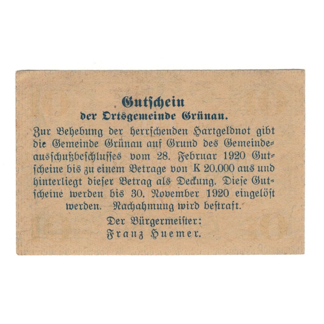 Banknote, Austria, Grünau O.Ö. Gemeinde, 10 Heller, Texte, 1920, 1920-11-30