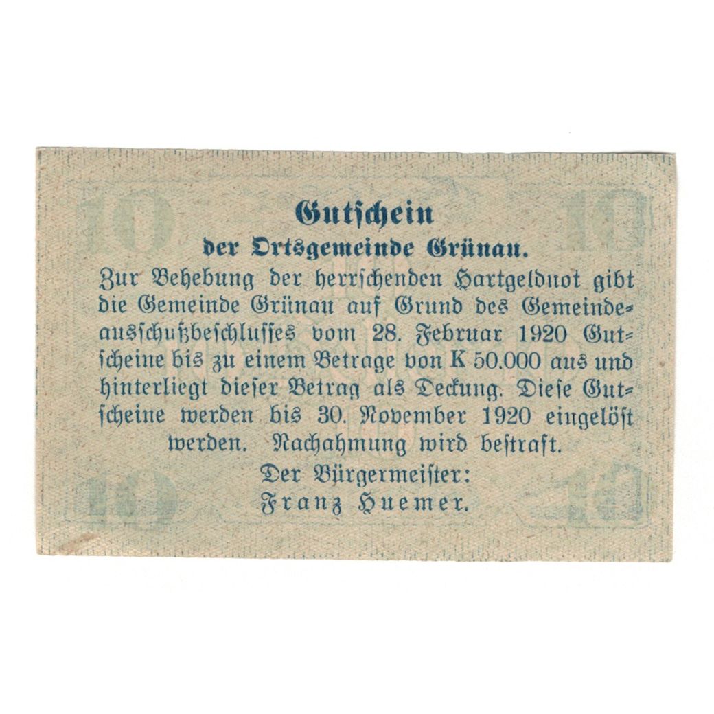 Banknote, Austria, Grünau O.Ö. Gemeinde, 10 Heller, texte 1, 1920, 1920-11-30