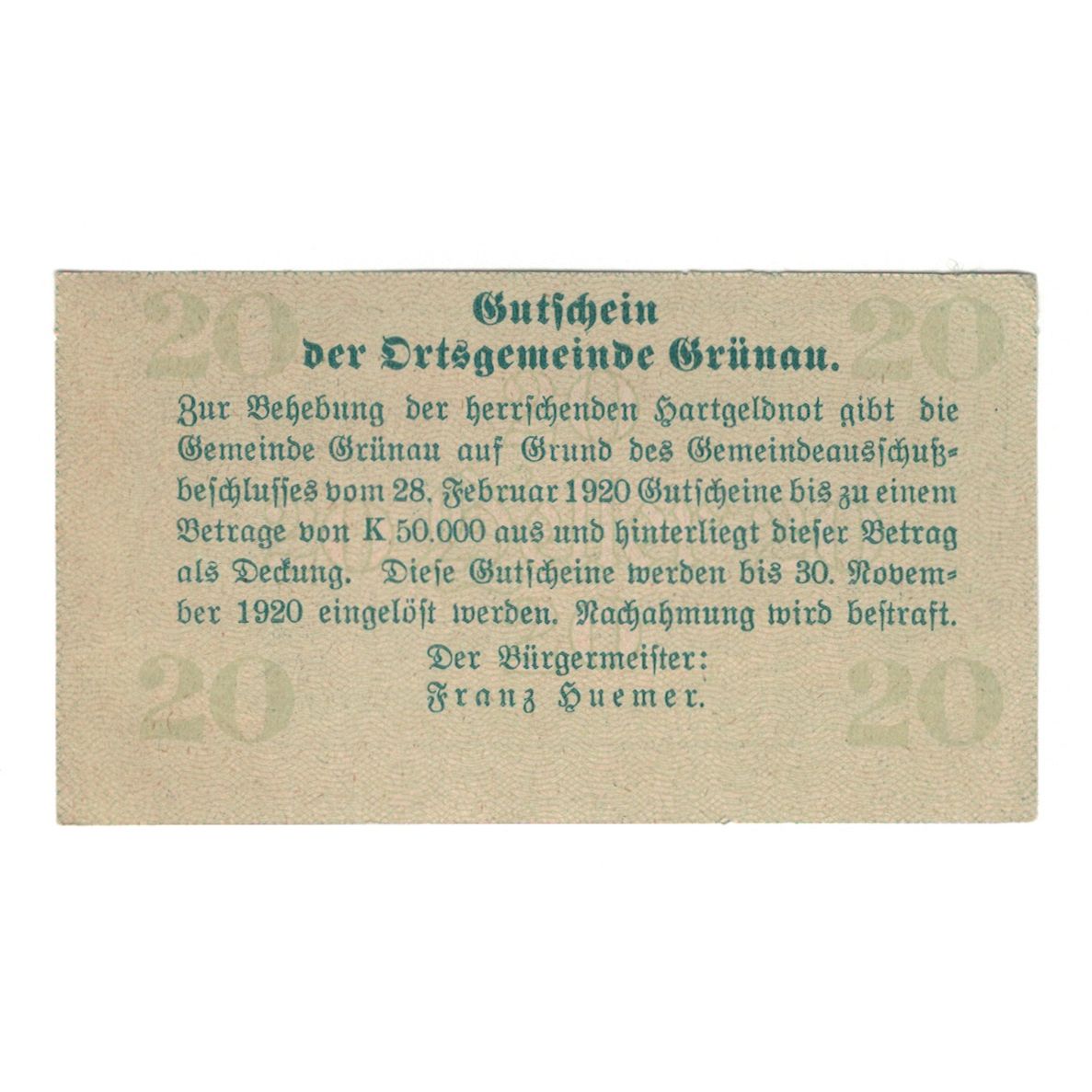 Banknote, Austria, Grünau O.Ö. Gemeinde, 20 Heller, Texte, 1920, 1920-11-30