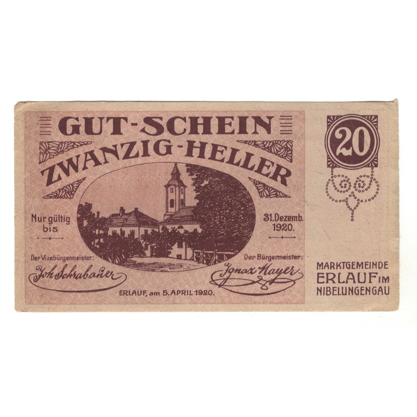 Banknote, Austria, Erlauf im Nibelungengau N.Ö. Marktgemeinde, 20 Heller