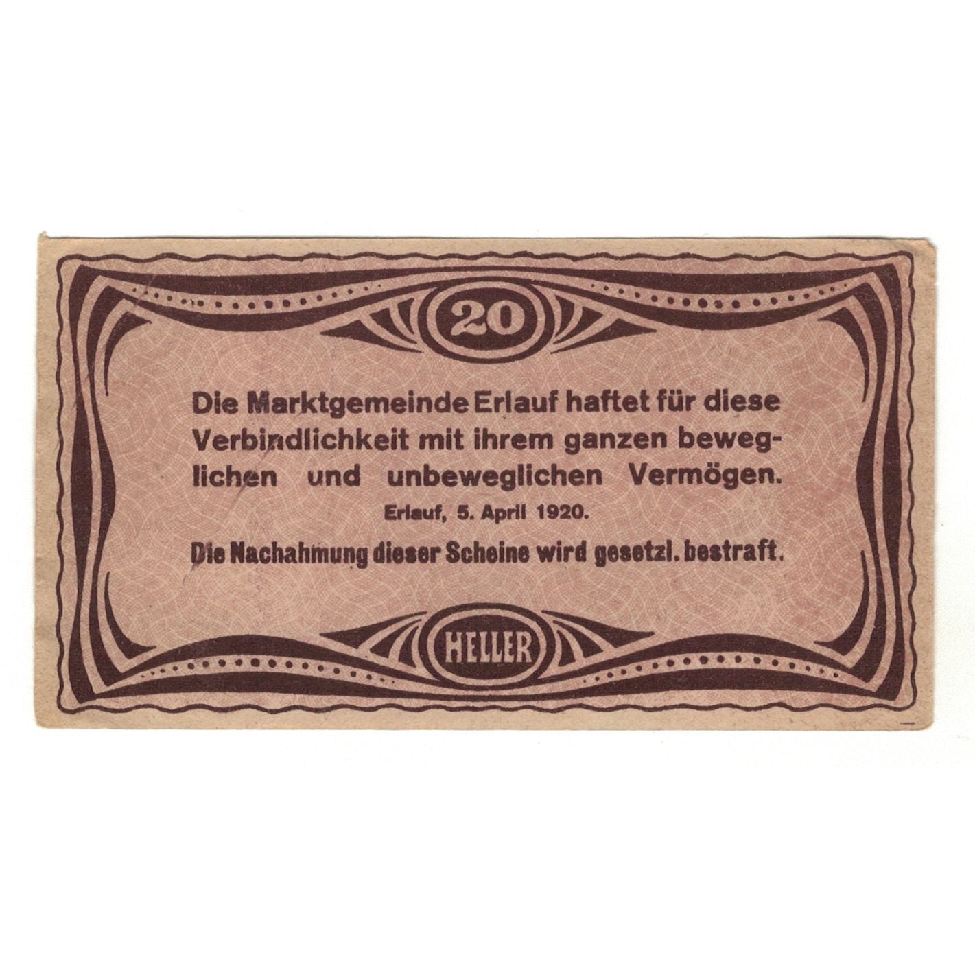 Banknote, Austria, Erlauf im Nibelungengau N.Ö. Marktgemeinde, 20 Heller