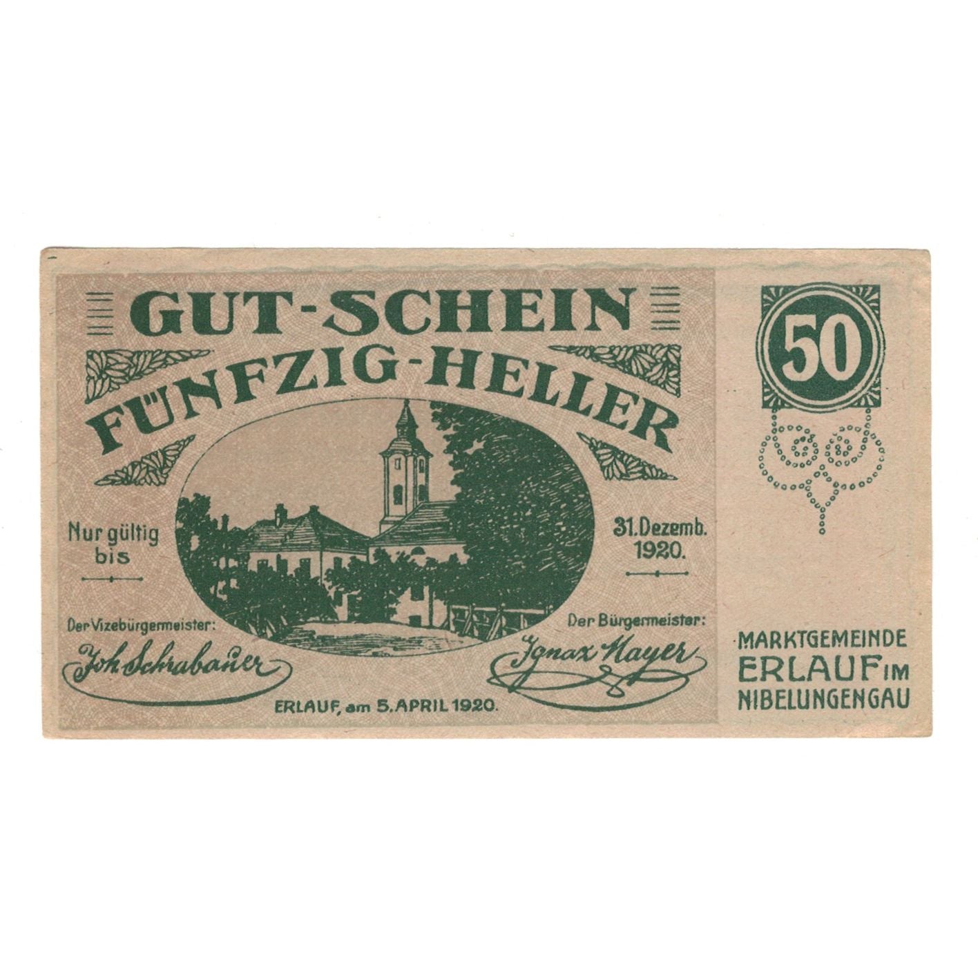 Banknote, Austria, Erlauf im Nibelungengau N.Ö. Marktgemeinde, 50 Heller