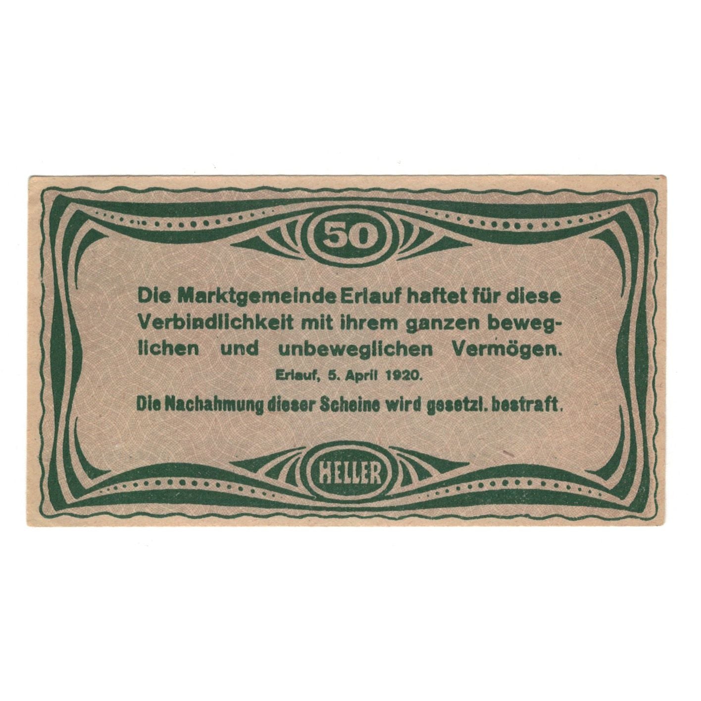 Banknote, Austria, Erlauf im Nibelungengau N.Ö. Marktgemeinde, 50 Heller