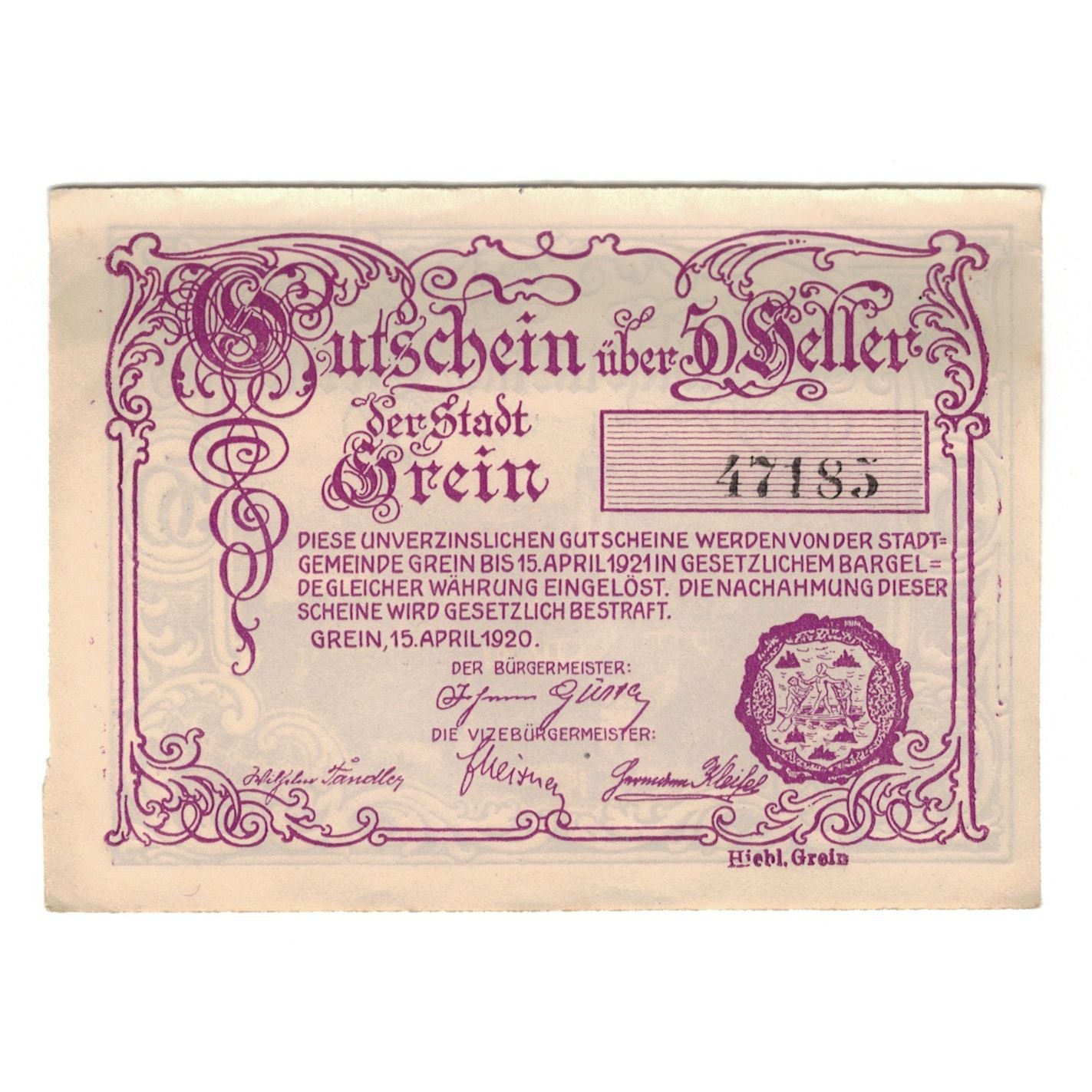 Banknote, Austria, Grein O.Ö. Stadtgemeinde, 50 Heller, Texte, 1920