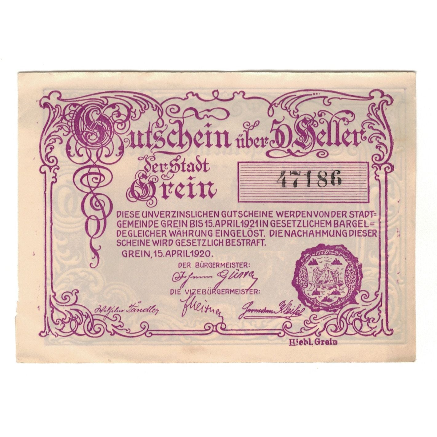 Banknote, Austria, Grein O.Ö. Stadtgemeinde, 50 Heller, texte 1, 1920