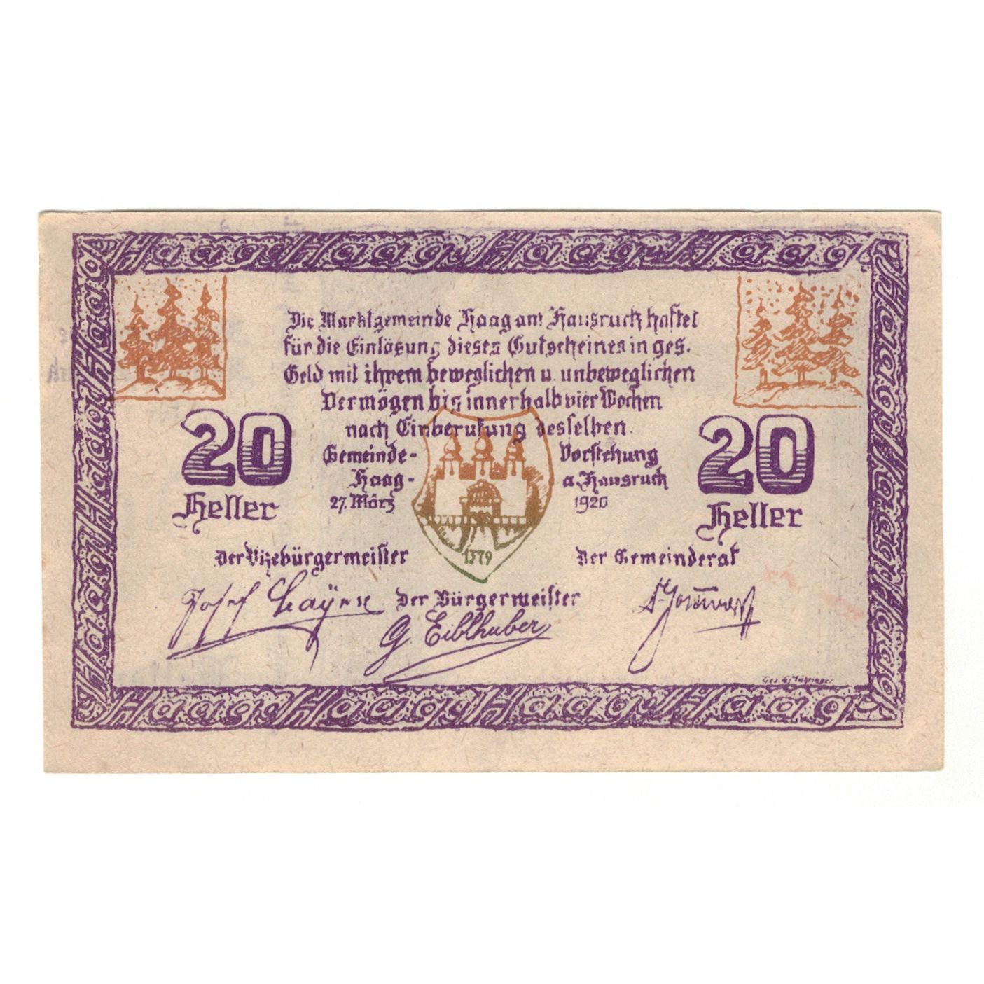 Banknote, Austria, Haag Am Hausruck O.Ö. Marktgemeinde, 20 Heller, Texte, 1920