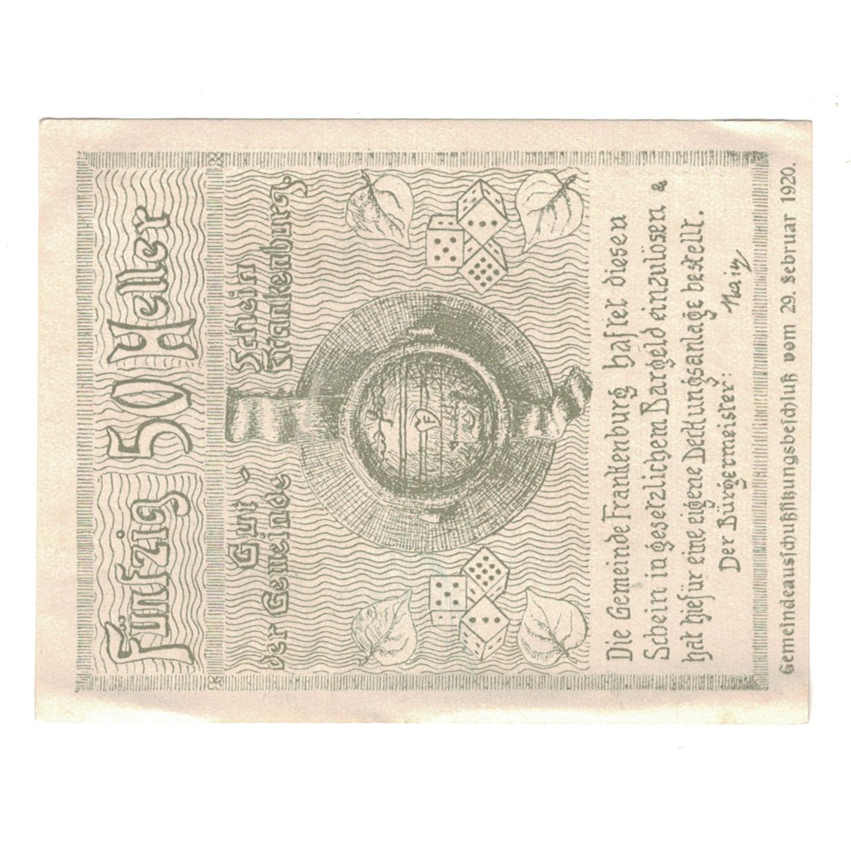 Banknote, Austria, Frankenburg O.Ö. Gemeinde, 50 Heller, personnage, 1920