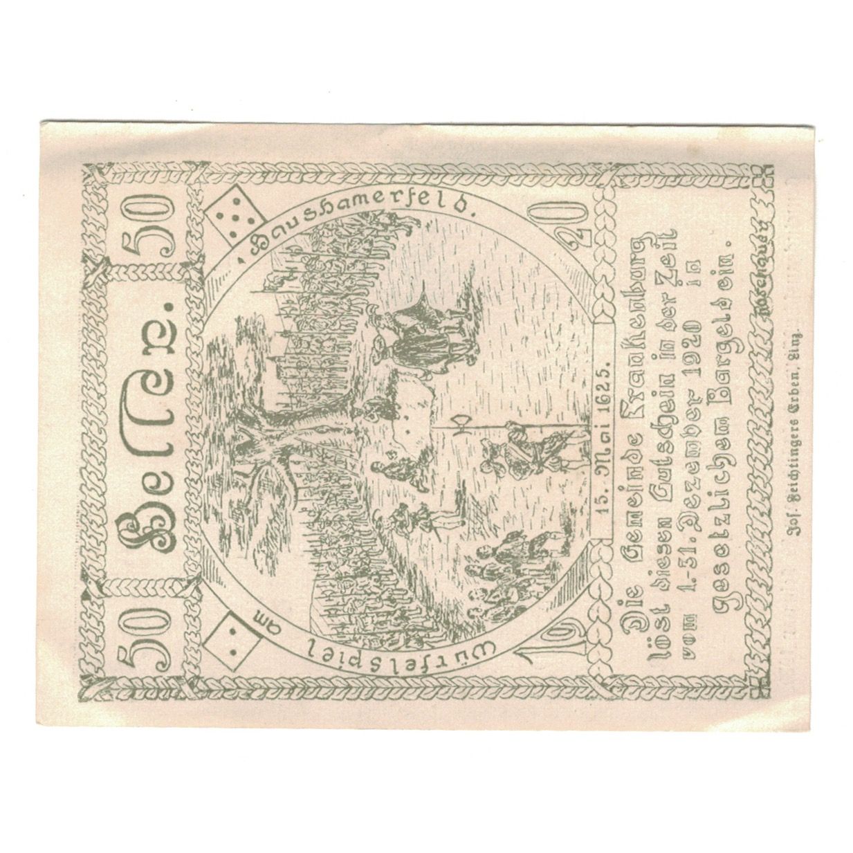 Banknote, Austria, Frankenburg O.Ö. Gemeinde, 50 Heller, personnage, 1920