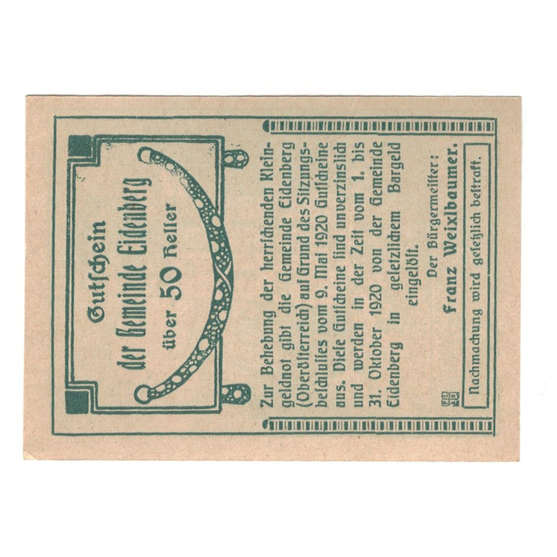Banknote, Austria, Eidenberg O.Ö. Gemeinde, 50 Heller, texte 1, 1920