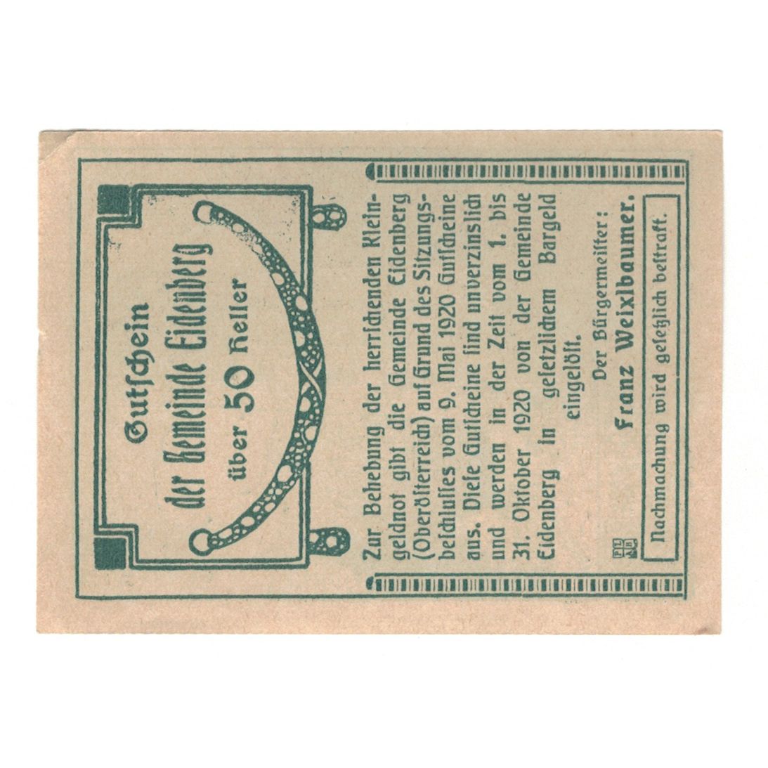 Banknote, Austria, Eidenberg O.Ö. Gemeinde, 50 Heller, Texte 2, 1920