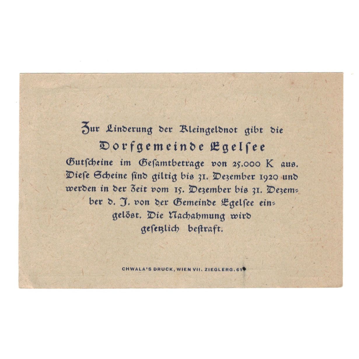 Billete, Austria, Egelsee N.Ö. Dorfgemeinde, 20 Heller, Texte, 1920