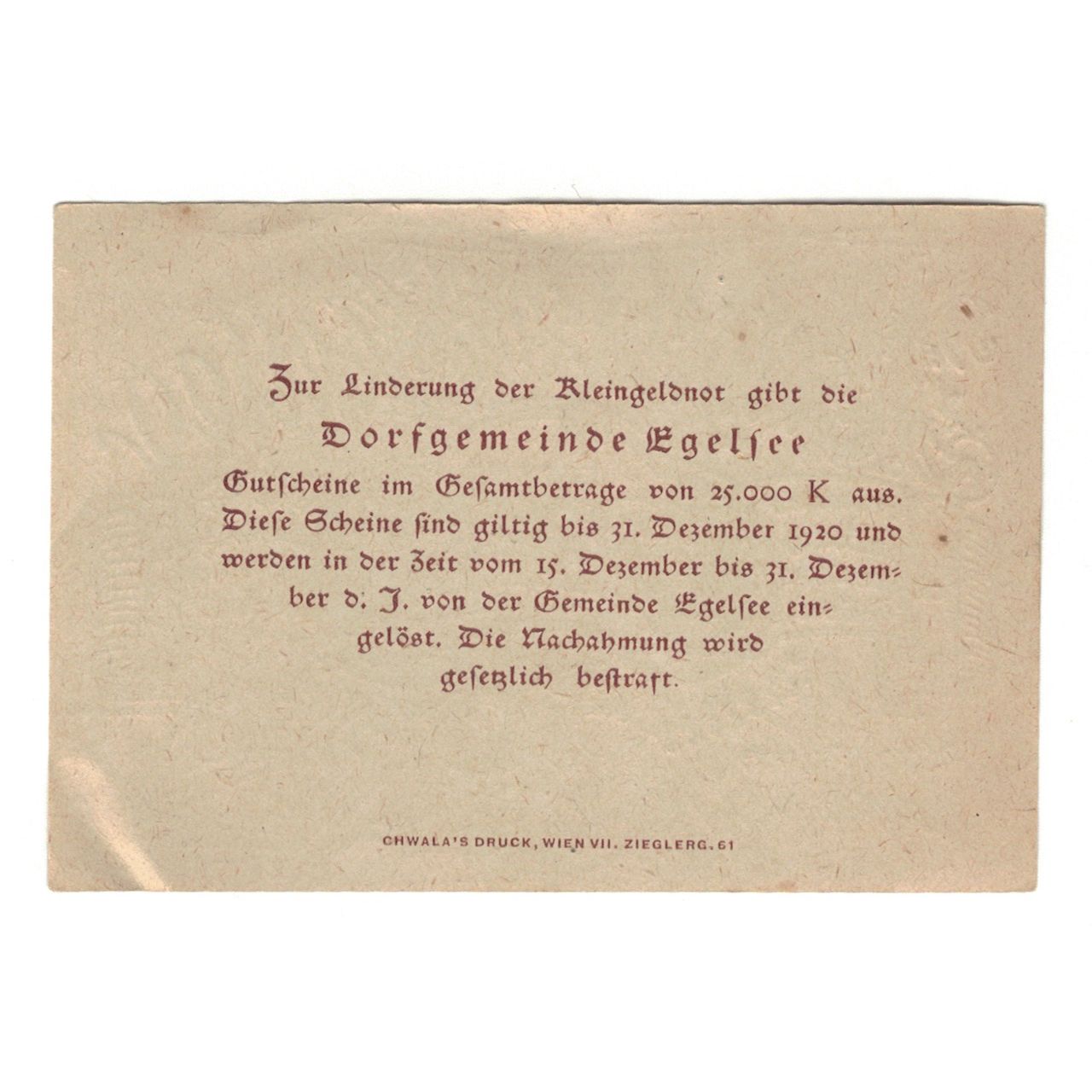Banknote, Austria, Egelsee N.Ö. Dorfgemeinde, 50 Heller, Texte, 1920
