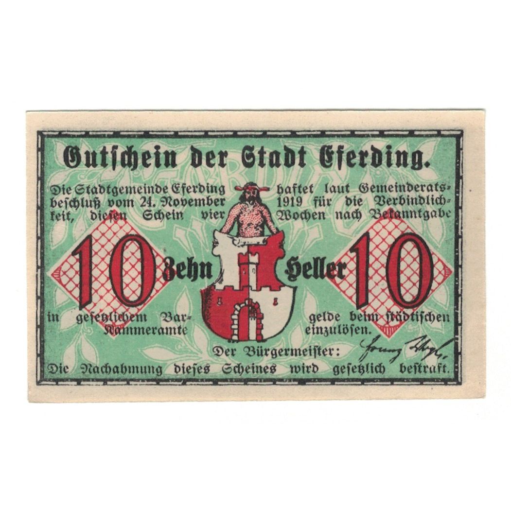 Banknote, Austria, Eferding O.Ö. Stadtgemeinde, 10 Heller, rue, 1919