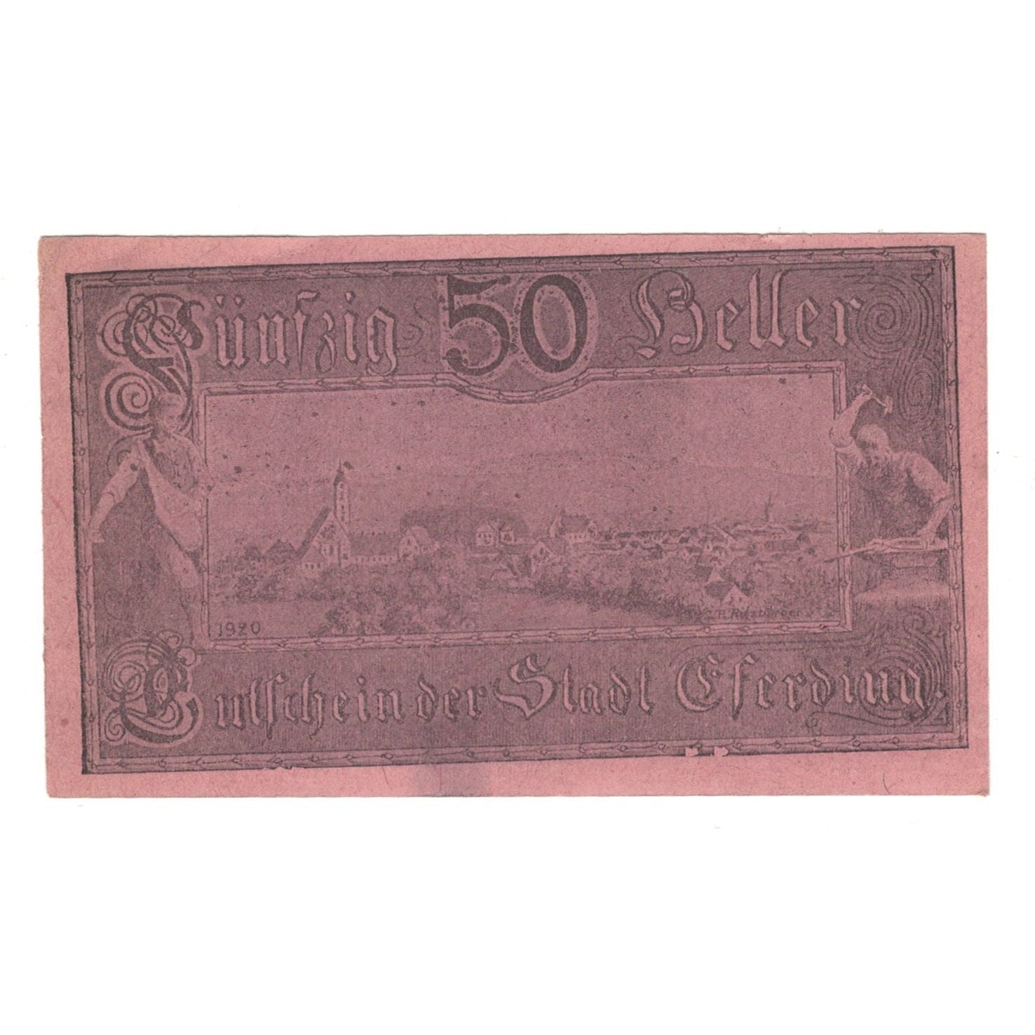 Billete, Austria, Eferding O.Ö. Stadtgemeinde, 50 Heller, paysage 1, 1919