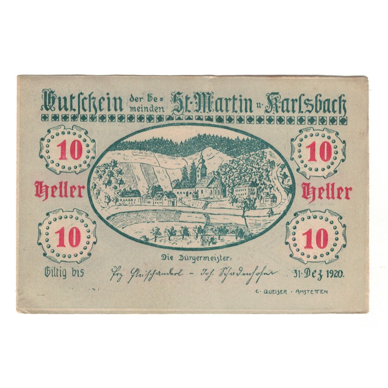 Banknote, Austria, St. Martin a.Y. und Karlsbach N.Ö. Gemeinden, 10 Heller