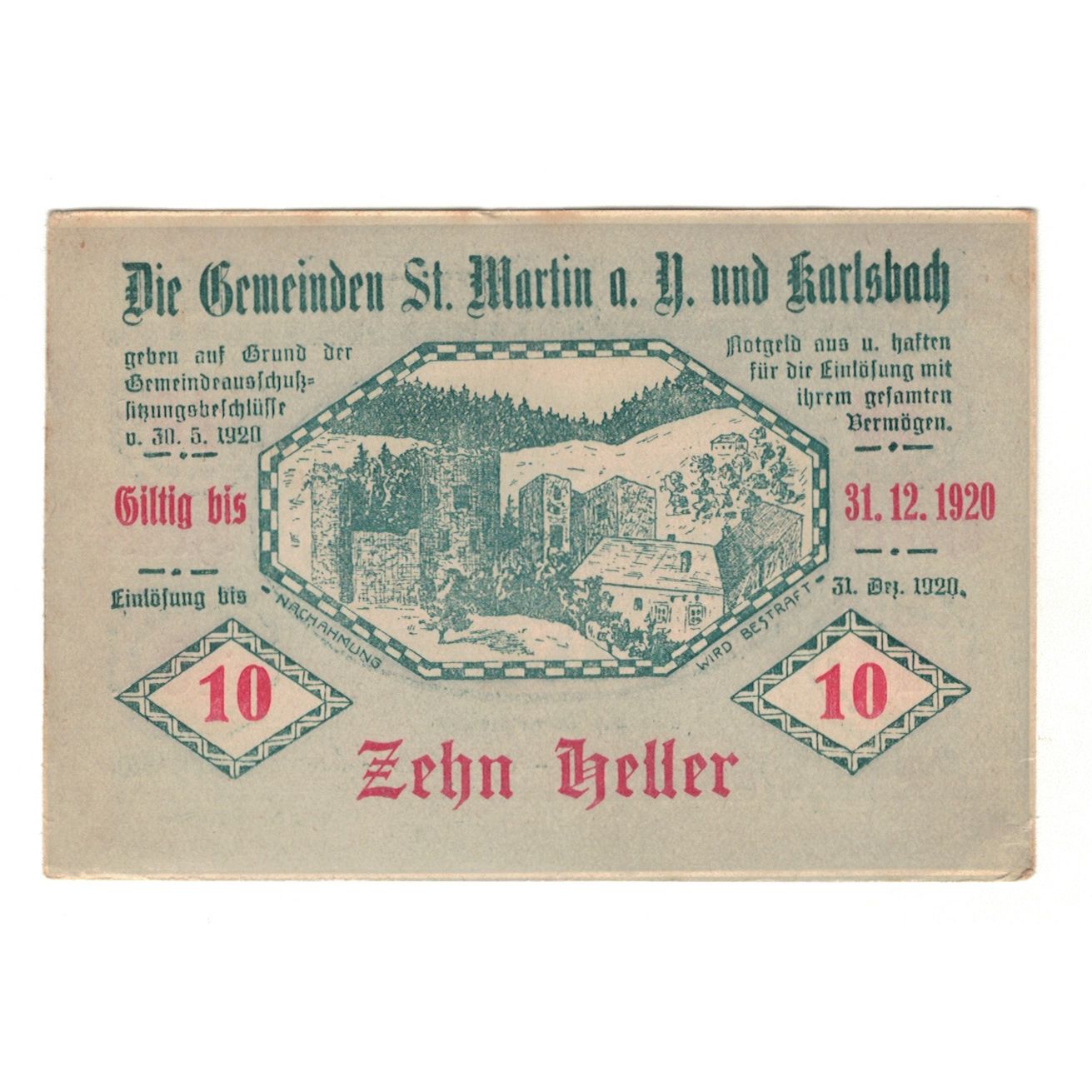 Banknote, Austria, St. Martin a.Y. und Karlsbach N.Ö. Gemeinden, 10 Heller