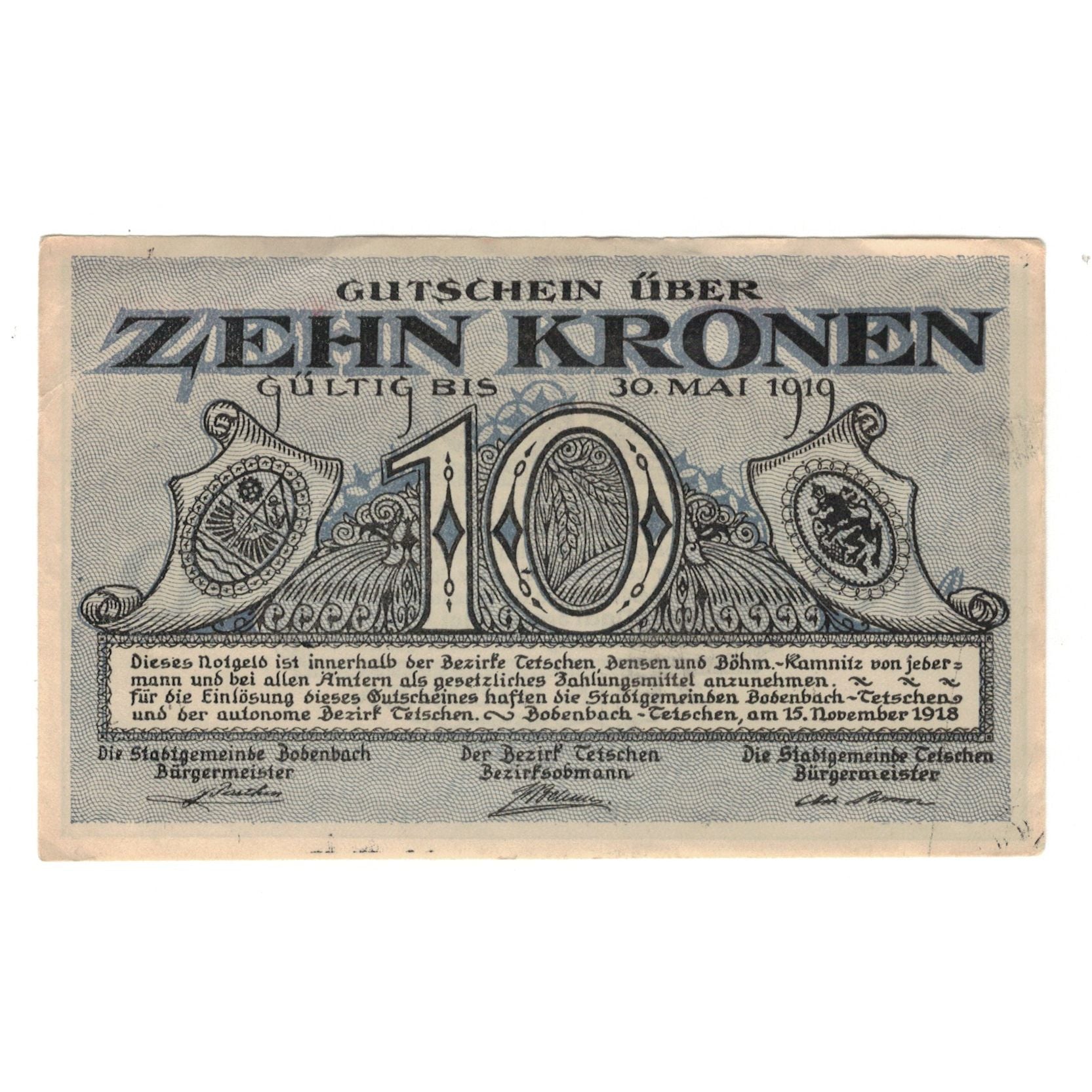 Banknote, Austria, Landkreis Tetschen-Bodenbach, 10 Kronen, Texte, 1919