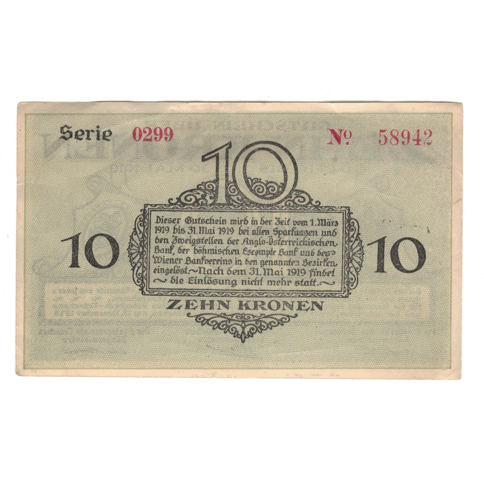 Banknote, Austria, Landkreis Tetschen-Bodenbach, 10 Kronen, Texte, 1919