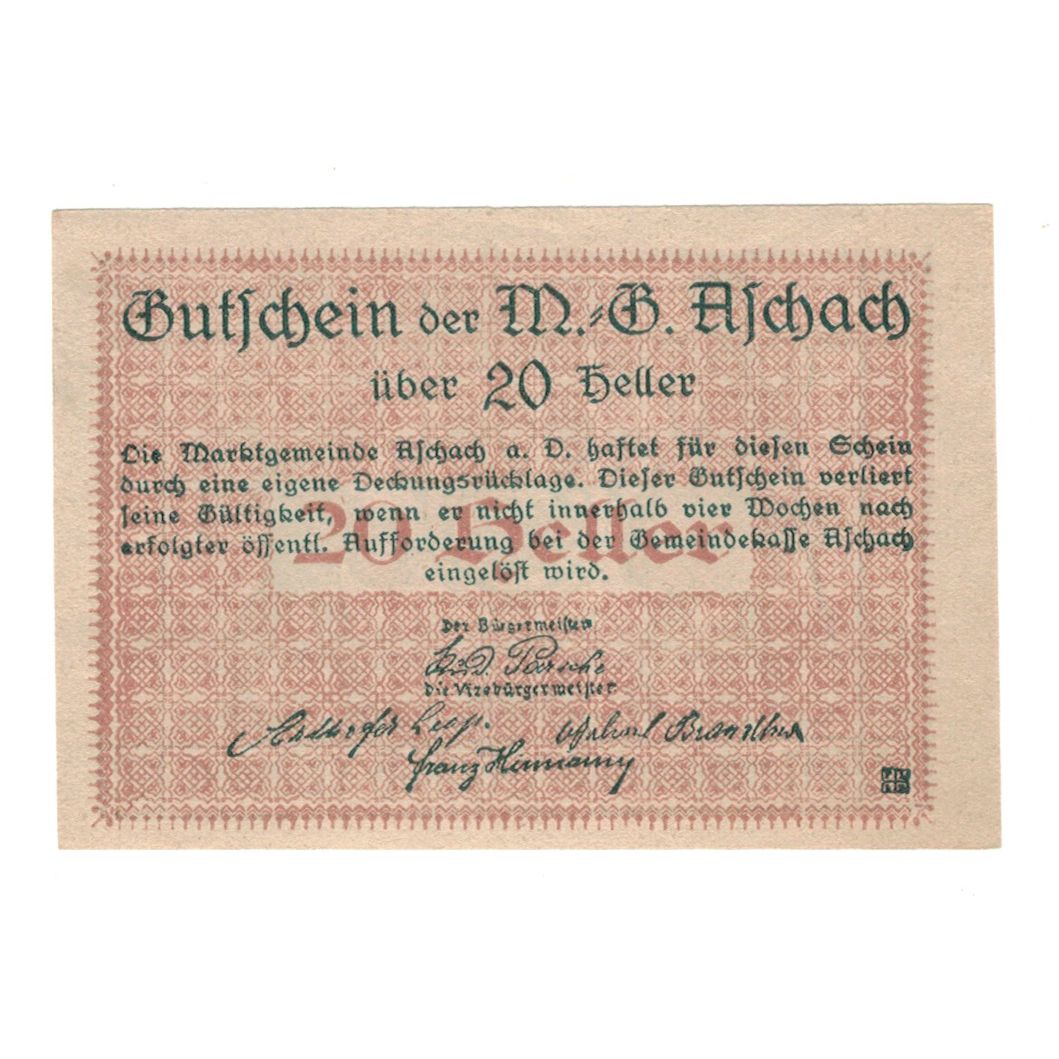 Billete, Austria, Aschach a. Donau O.Ö. Marktgemeinde, 20 Heller, personnage
