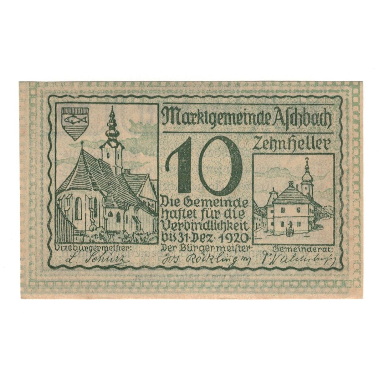 Nota, Áustria, Aschbach N.Ö. Marktgemeinde, 10 Heller, Texte, 1920