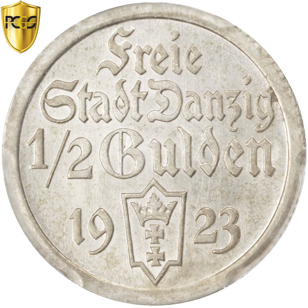 Coin, DANZIG, 1/2 Gulden, 1923, PCGS, AU58, AU(55-58), Silver, KM:144, graded