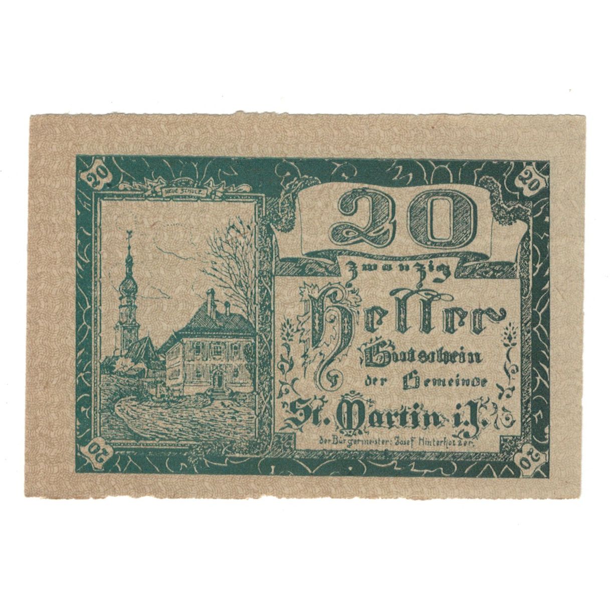 Banknote, Austria, St. Martin im Innkreis, 20 Heller, Batiment, 1920