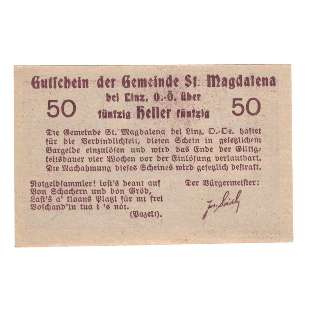 Banknote, Austria, St. Magdalena Bei Linz, O.Ö., Gemeinde, 50 Heller, Texte