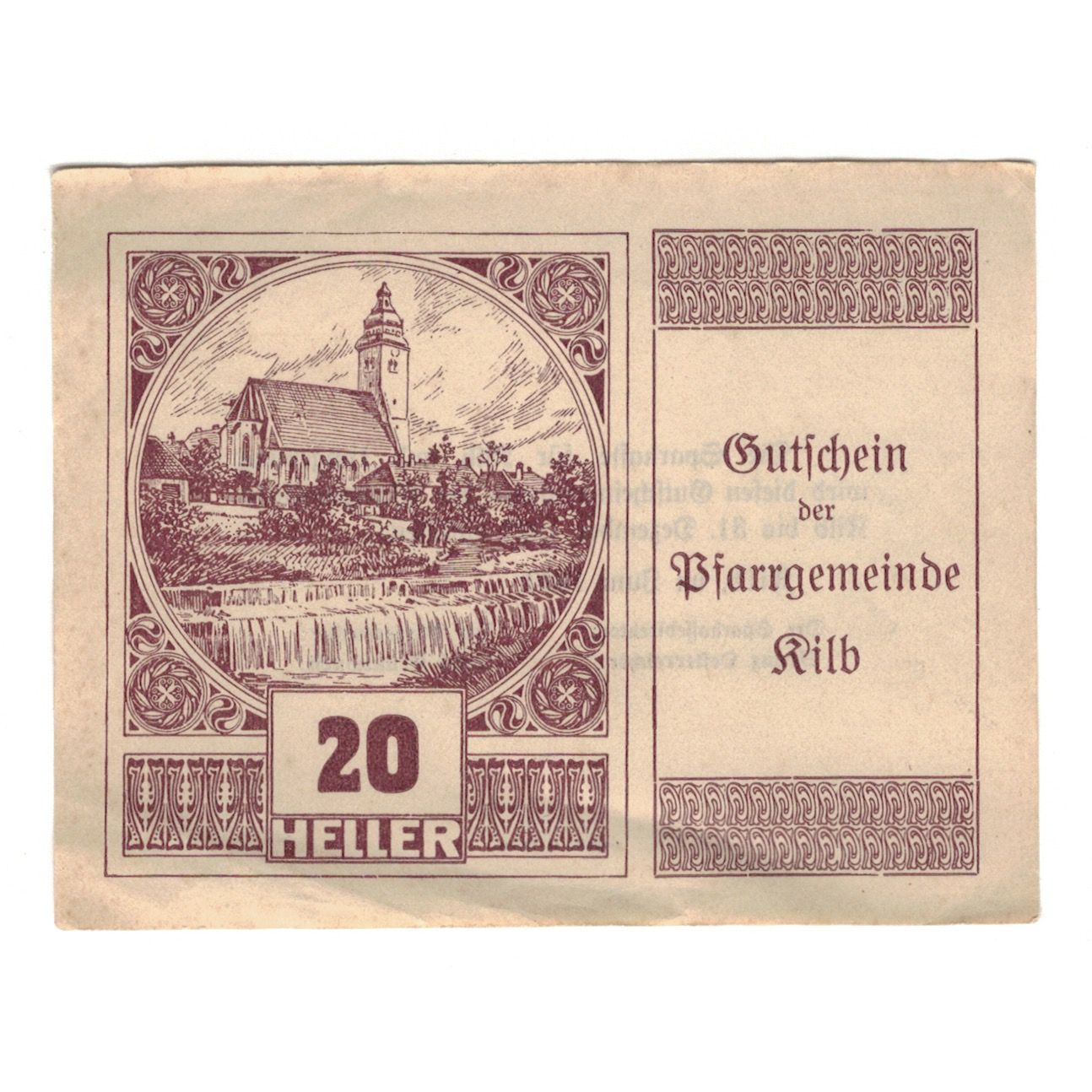 Banknote, Austria, Kilb N.Ö. Prv. Pfarrgemeinde, 20 Heller, Texte, 1920