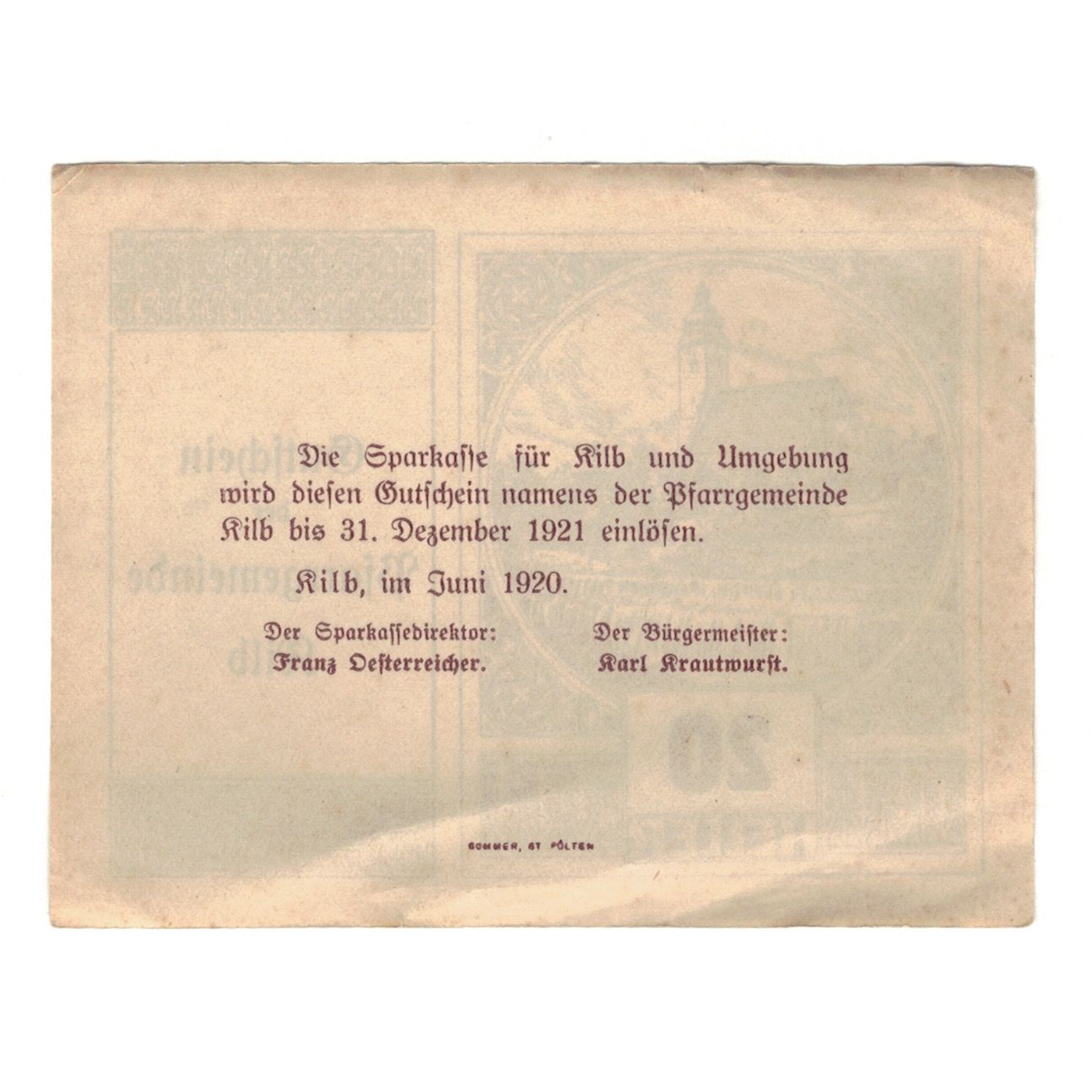 Banknote, Austria, Kilb N.Ö. Prv. Pfarrgemeinde, 20 Heller, Texte, 1920