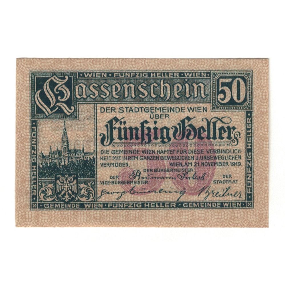 Banknote, Austria, Wien N.Ö. Stadtgemeinde, 50 Heller, texte 1, 1919