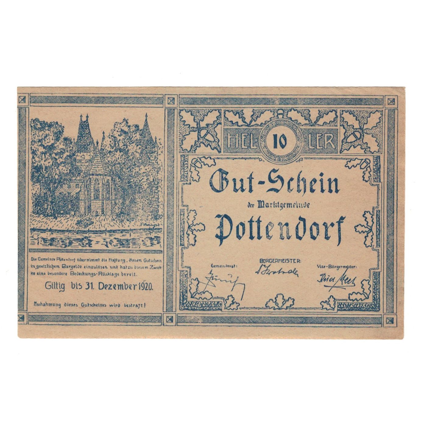 Banknote, Austria, Pottendorf Marktgemeinde, 10 Heller, N.D, 1920, 1920-12-31