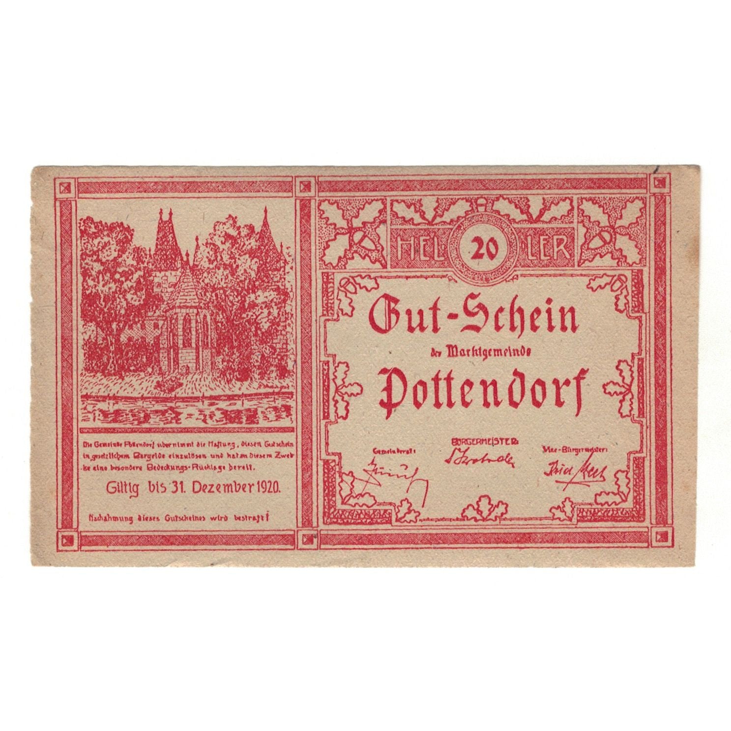 Banknote, Austria, Pottendorf Marktgemeinde, 20 Heller, N.D, 1920, 1920-12-31