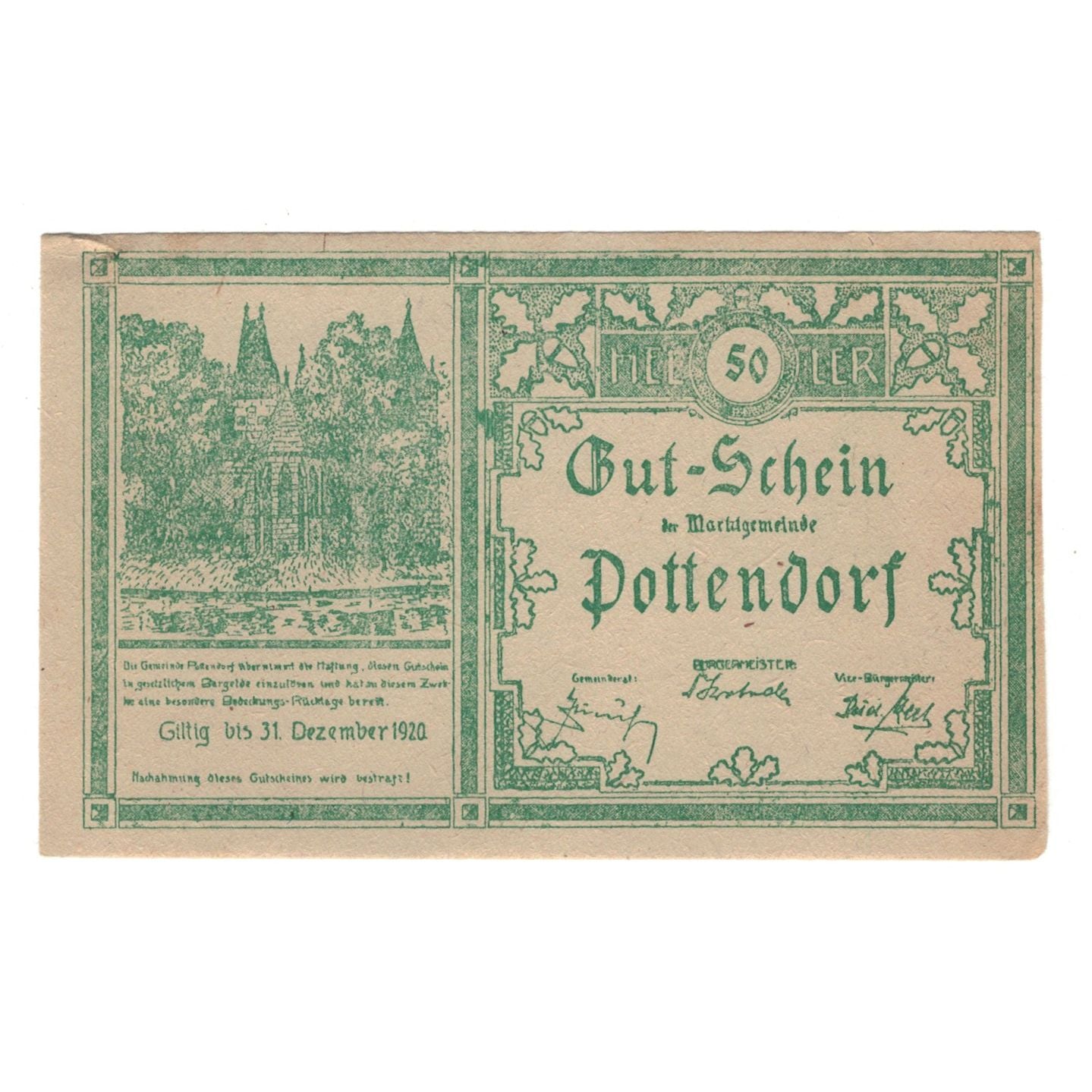 Banknote, Austria, Pottendorf Marktgemeinde, 50 Heller, N.D, 1920, 1920-12-31