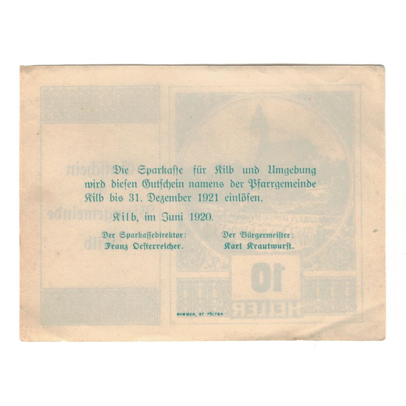 Banknote, Austria, Kilb N.Ö. Prv. Pfarrgemeinde, 10 Heller, Texte, 1920