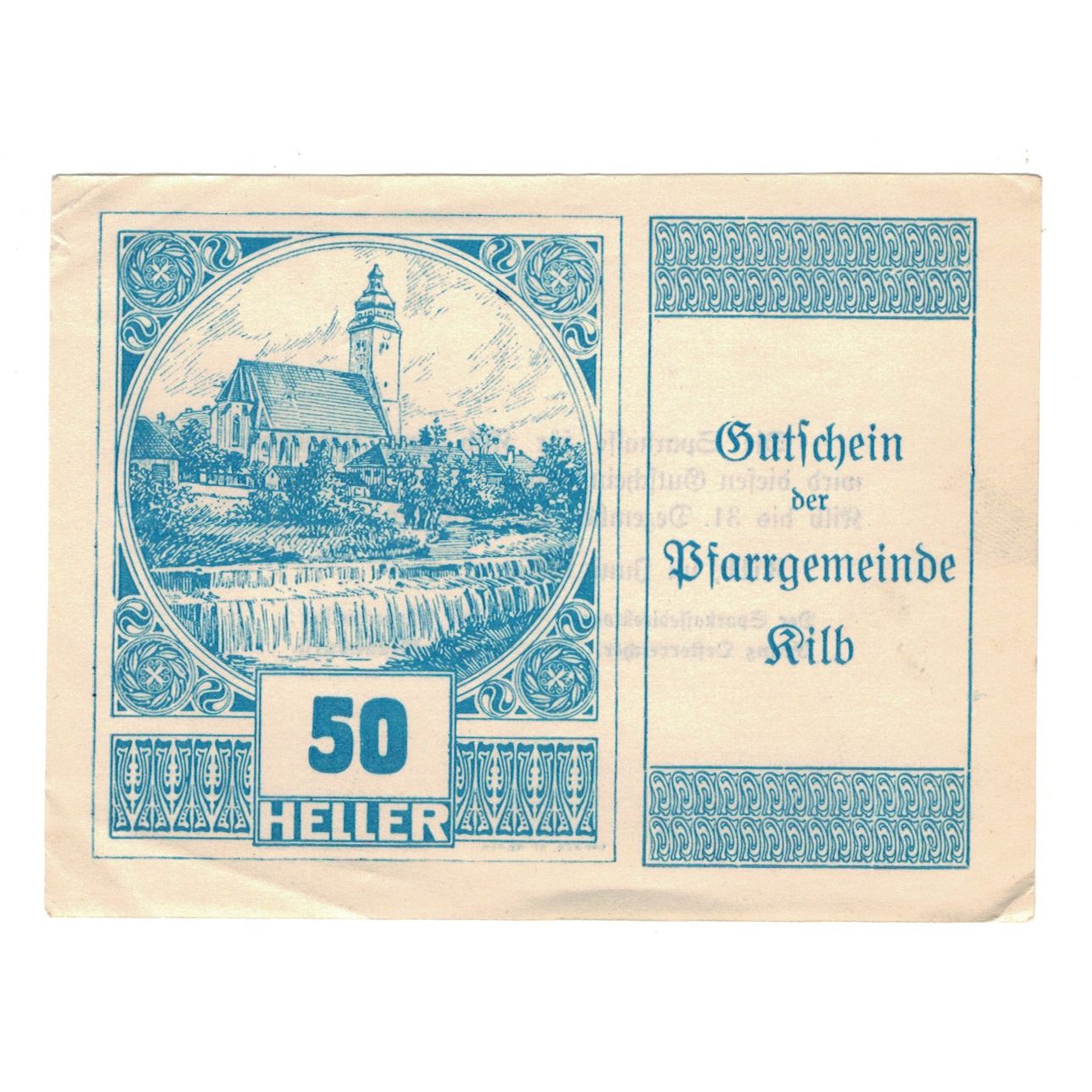 Banknote, Austria, Kilb N.Ö. Prv. Pfarrgemeinde, 50 Heller, Texte, 1920