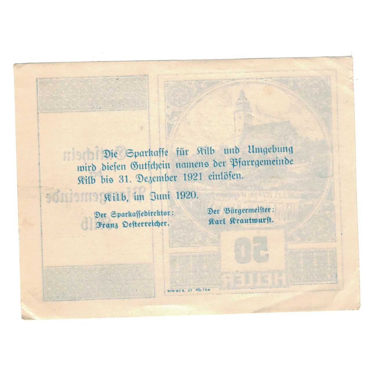 Banknote, Austria, Kilb N.Ö. Prv. Pfarrgemeinde, 50 Heller, Texte, 1920