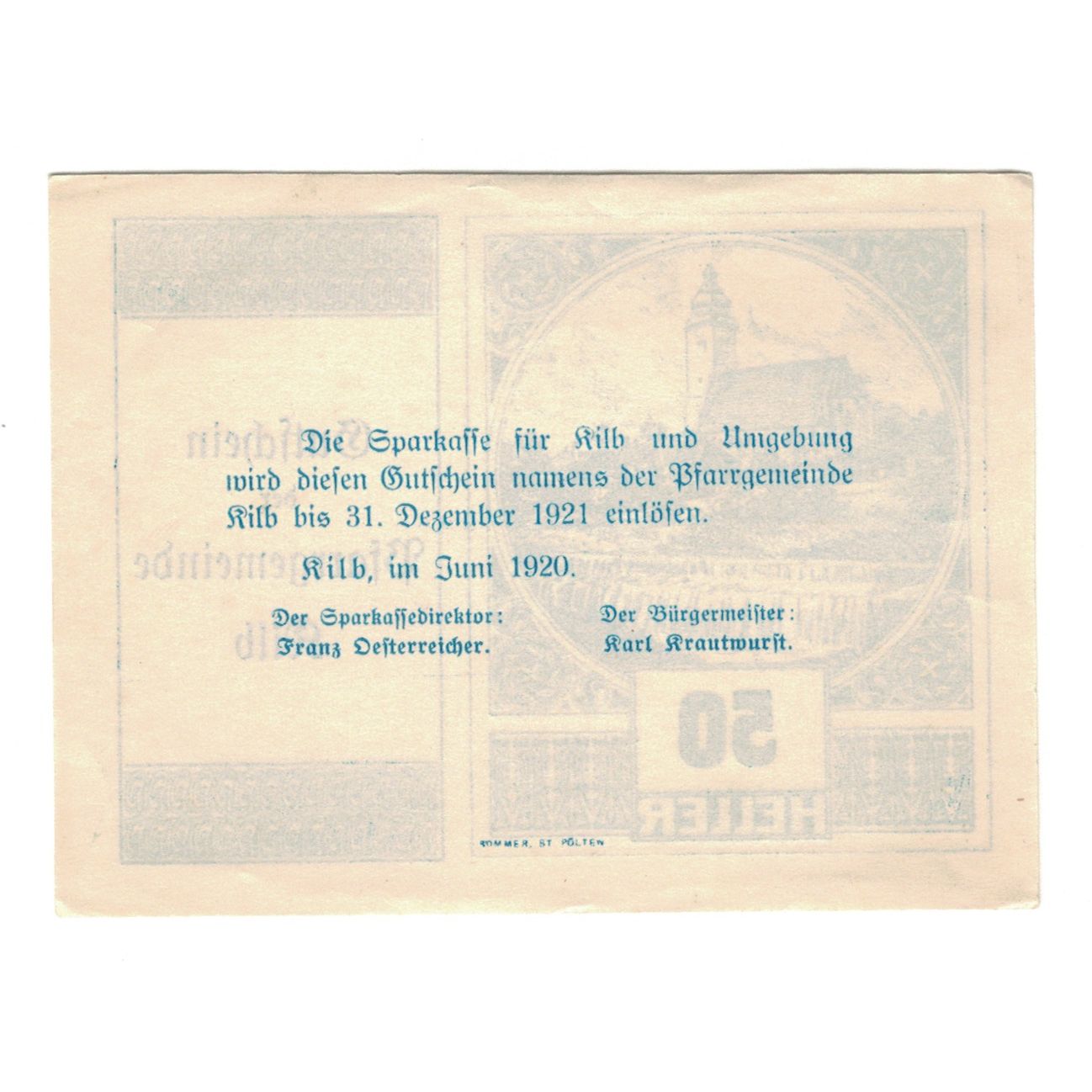 Banknote, Austria, Kilb N.Ö. Prv. Pfarrgemeinde, 50 Heller, texte 1, 1920