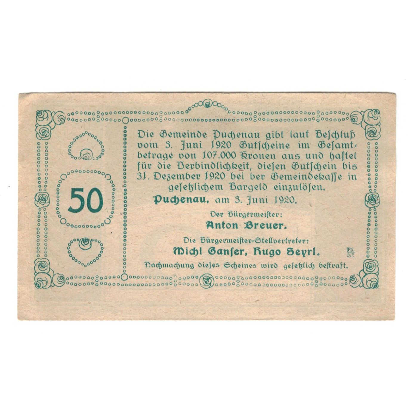 Banknote, Austria, Puchenau O.Ö. Gemeinde, 50 Heller, Texte, 1920, 1920-12-31