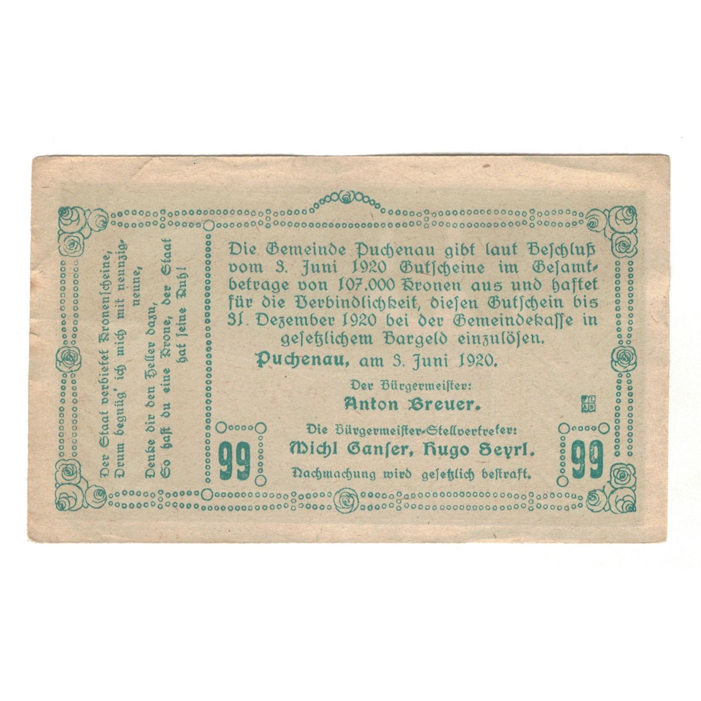 Banknote, Austria, Puchenau O.Ö. Gemeinde, 99 Heller, Texte, 1920, 1920-12-31