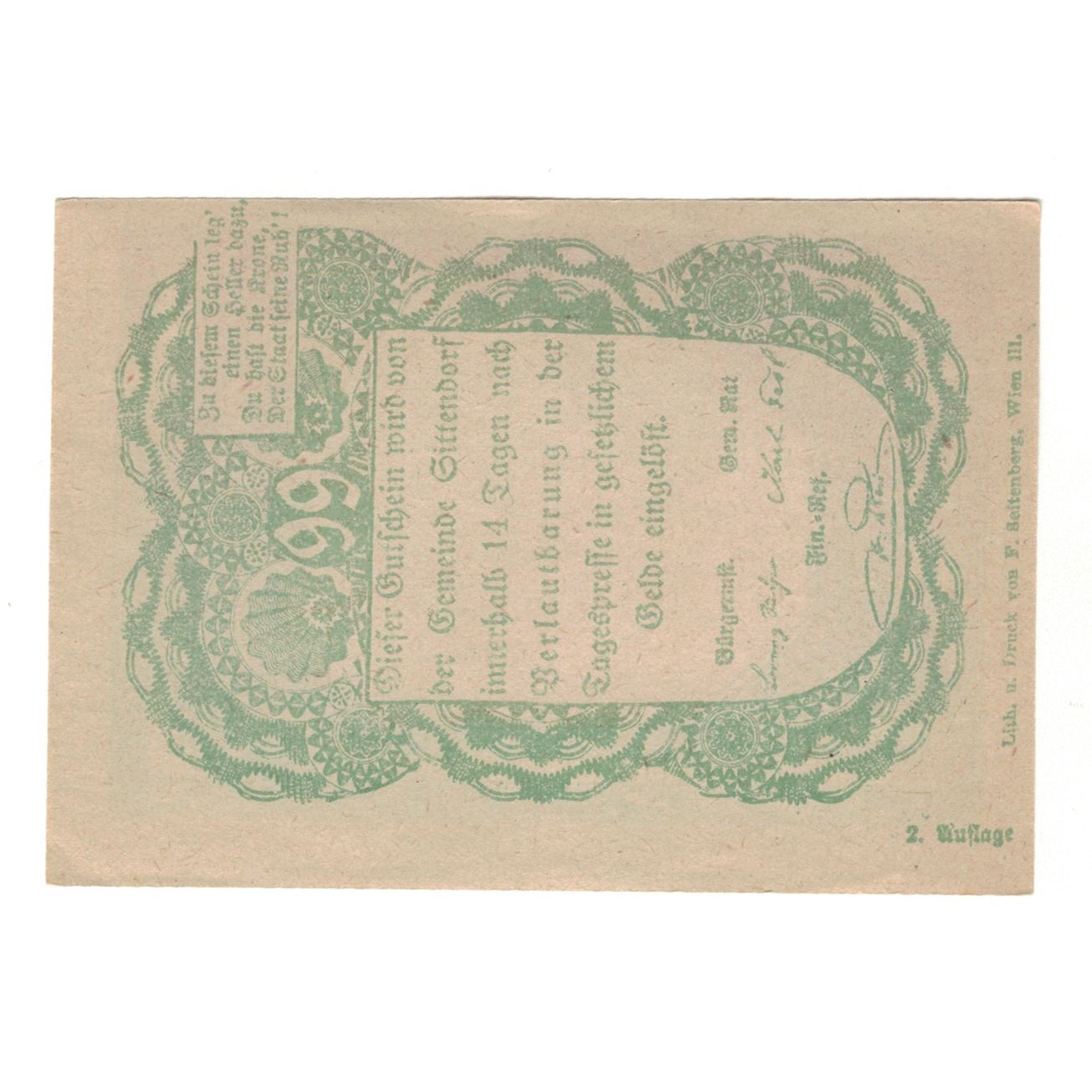 Banknote, Austria, Sittendorf N.Ö. Gemeinde, 99 Heller, Texte, AU(55-58)