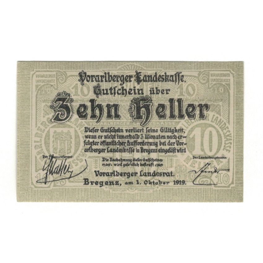 Banknote, Austria, Vorarlberger Landeskasse Vorarlberg Land, 10 Heller, valeur