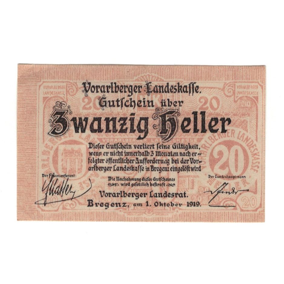 Banknote, Austria, Vorarlberger Landeskasse Vorarlberg Land, 20 Heller, valeur